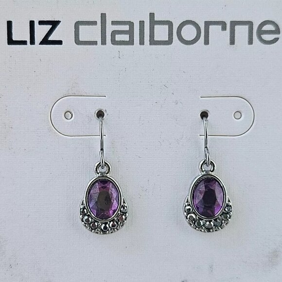 Liz Claiborne Women Earrings Purple Faux Stone Silver Tone Ear Fashion Jewelry - Picture 2 of 10